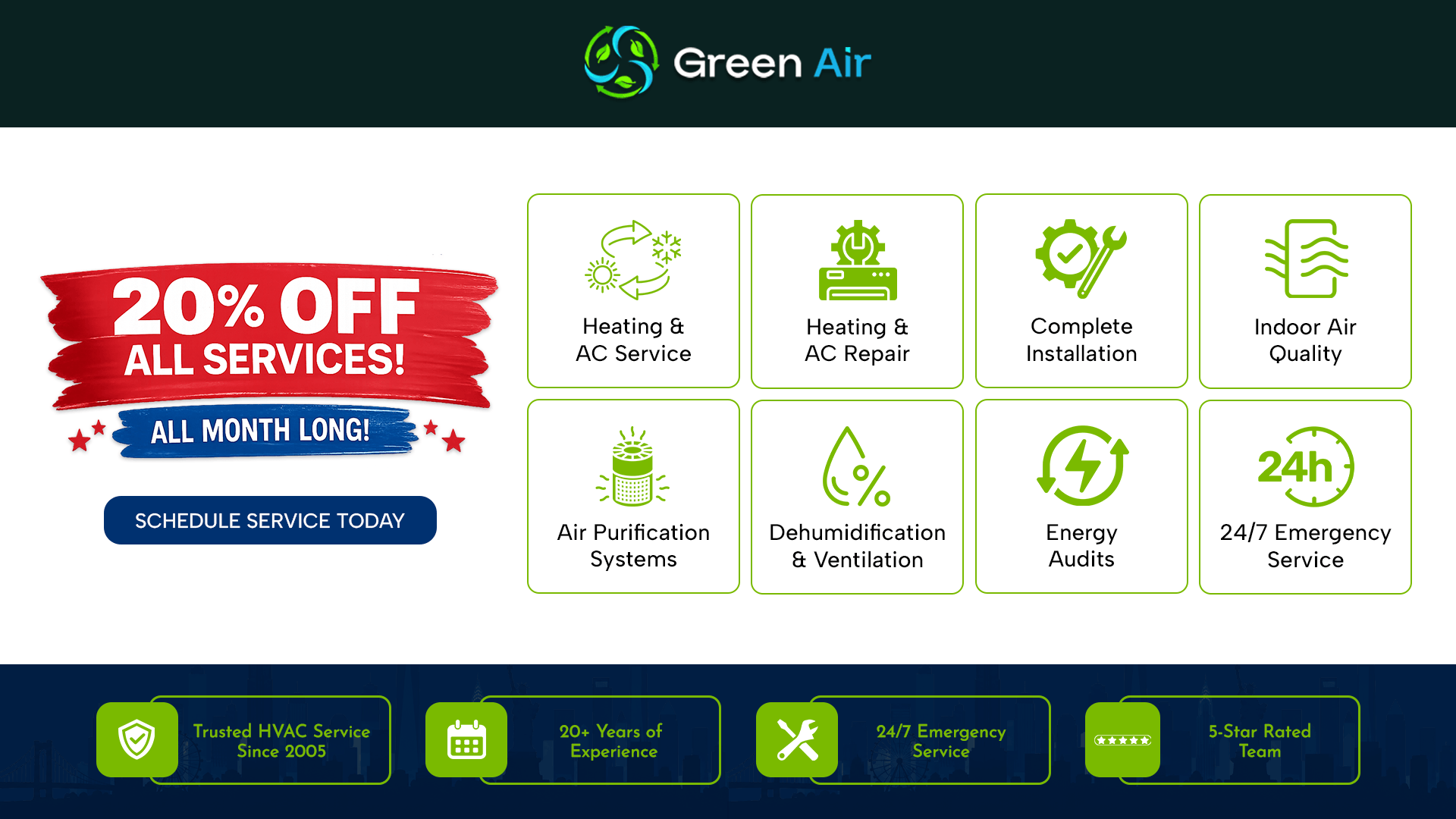 20% off HVAC services from City Green Air including AC repair, installation, indoor air quality, and maintenance.