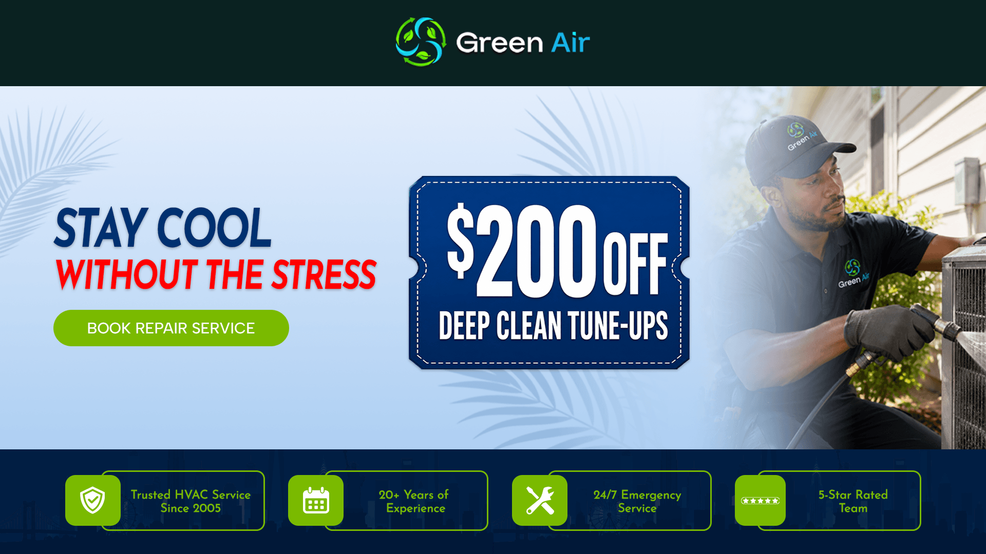 HVAC technician servicing an outdoor air conditioner with a $200 off deep clean tune-up promotion.