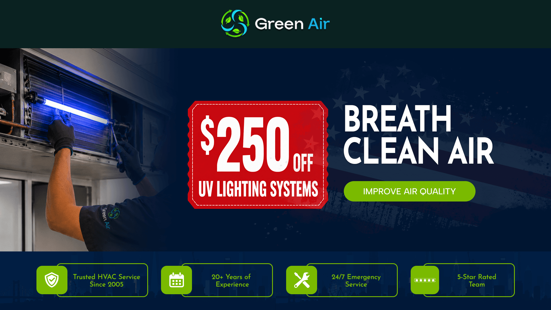 Technician installing a UV lighting system inside an HVAC unit with a $250 discount from City Green Air.