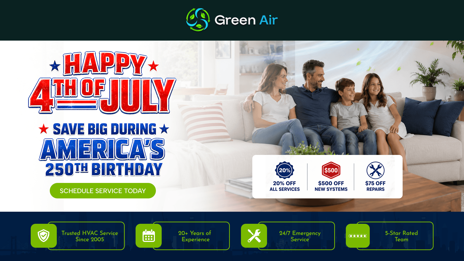 City Green Air 4th of July HVAC specials featuring discounts on AC services, repairs, and new system installations.