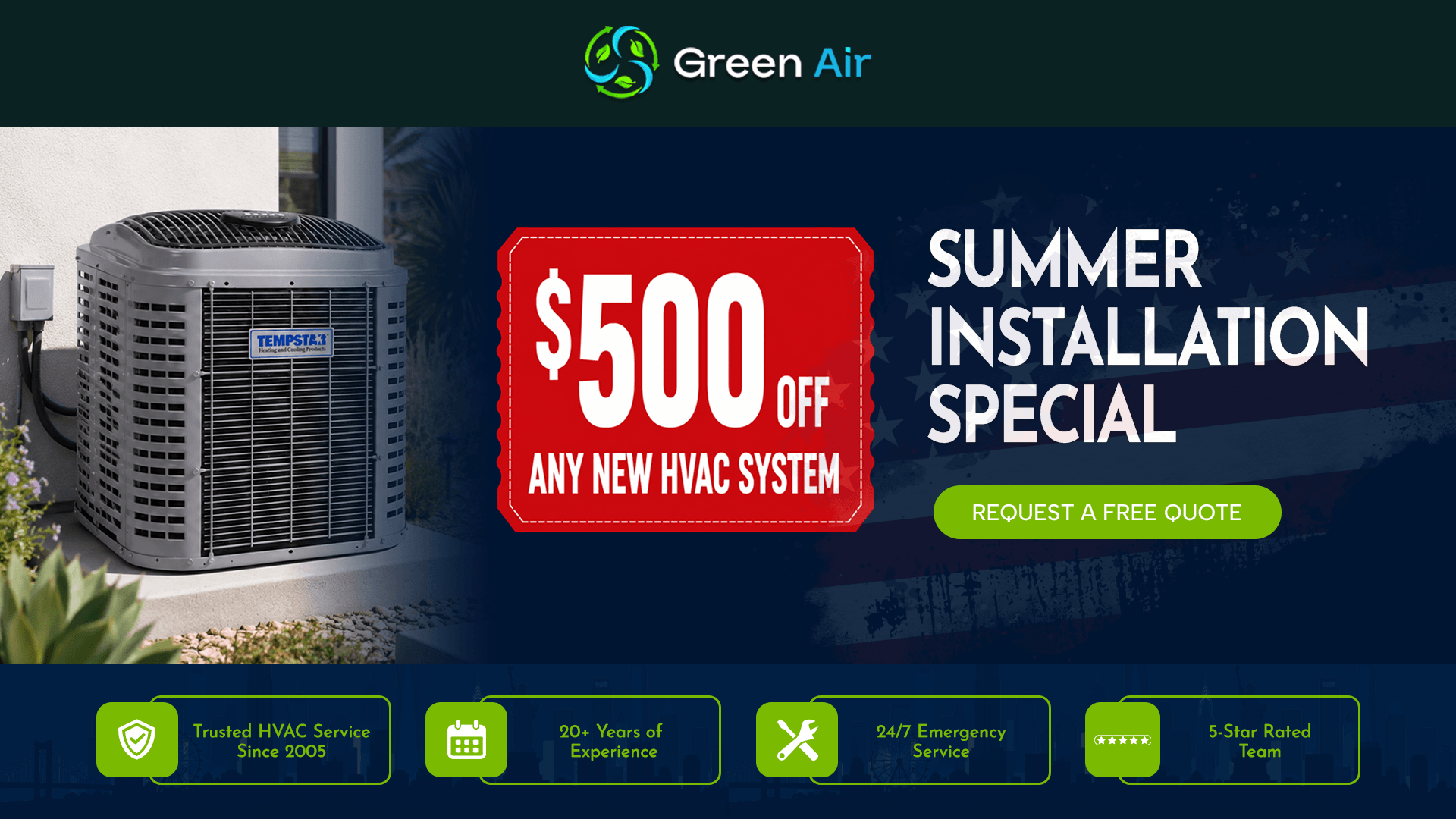 Outdoor HVAC condenser promoting $500 off any new HVAC system installation from City Green Air.