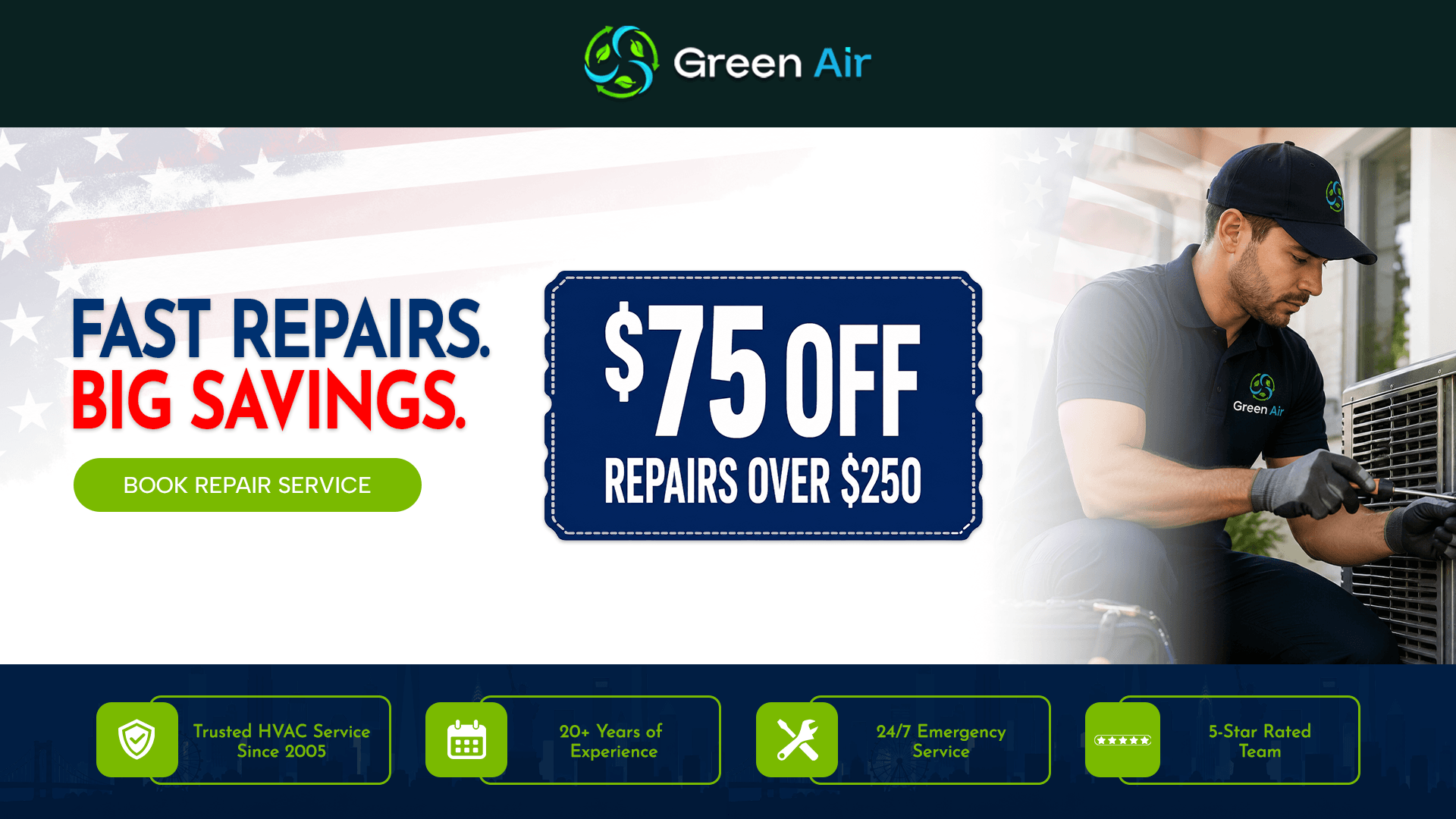 HVAC technician repairing an outdoor air conditioning unit with a $75 off repairs over $250 promotion.