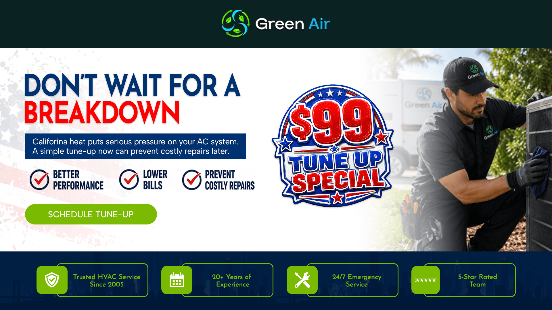 HVAC technician performing an air conditioning tune-up with a $99 tune-up special from City Green Air.